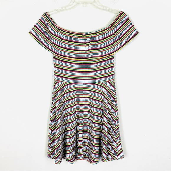 PRIVACY PLEASE Striped Off Shoulder Mini Skater Dress Ribbed Stretch, Size M - Picture 7 of 7